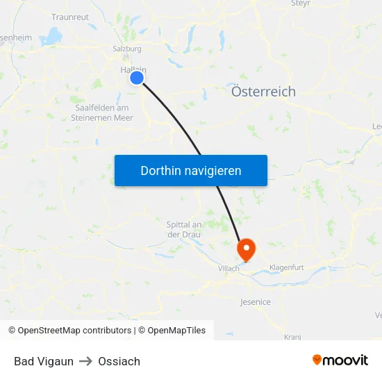 Bad Vigaun to Ossiach map