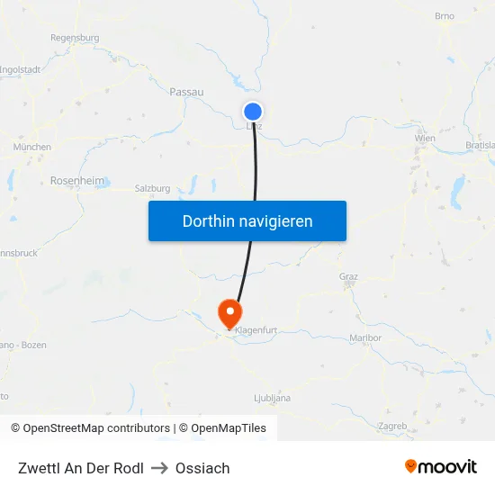 Zwettl An Der Rodl to Ossiach map