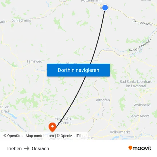 Trieben to Ossiach map