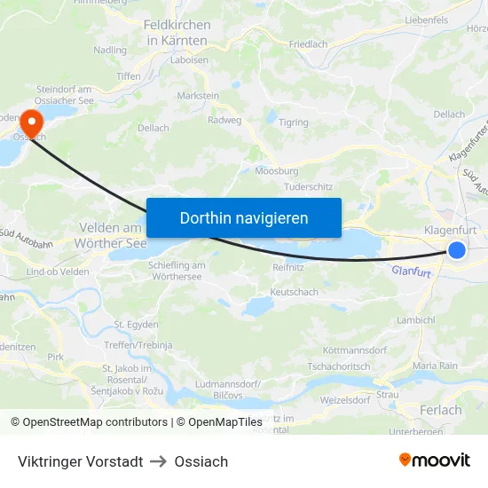 Viktringer Vorstadt to Ossiach map