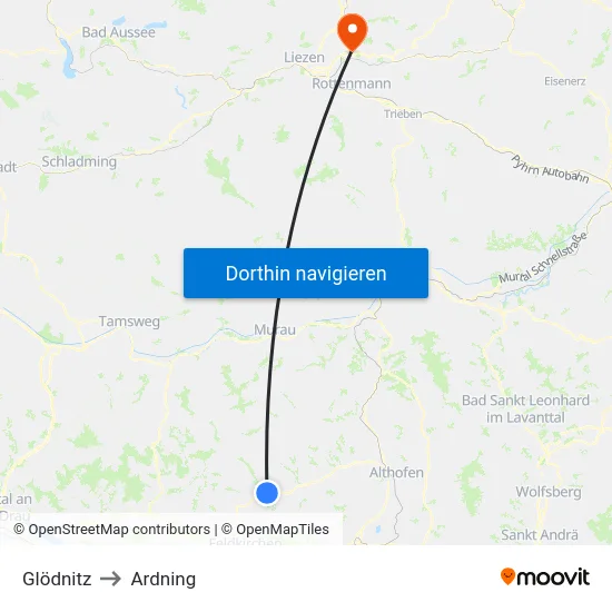 Glödnitz to Ardning map