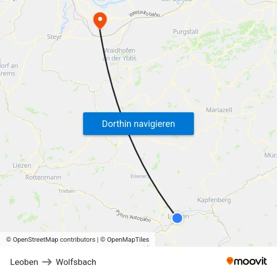 Leoben to Wolfsbach map