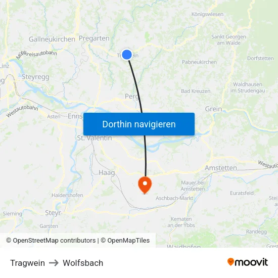 Tragwein to Wolfsbach map