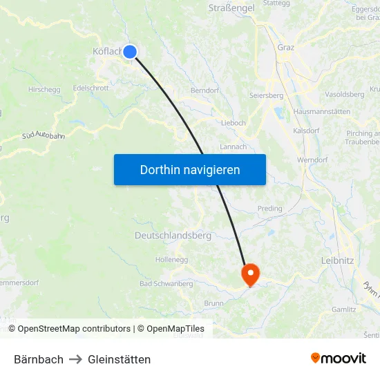Bärnbach to Gleinstätten map