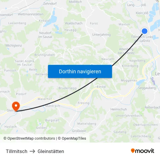 Tillmitsch to Gleinstätten map