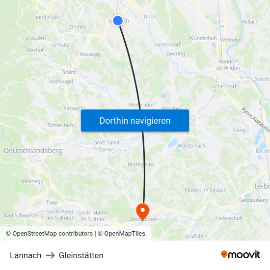 Lannach to Gleinstätten map
