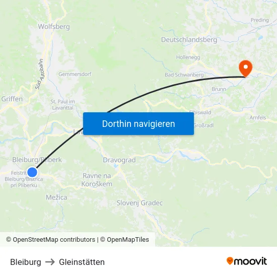 Bleiburg to Gleinstätten map