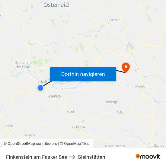 Finkenstein am Faaker See to Gleinstätten map