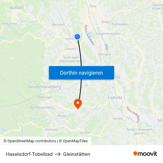 Haselsdorf-Tobelbad to Gleinstätten map