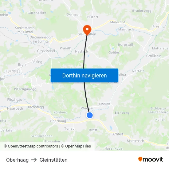 Oberhaag to Gleinstätten map