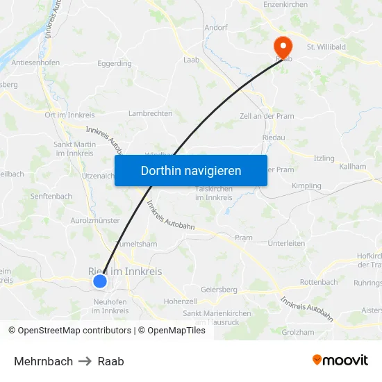 Mehrnbach to Raab map