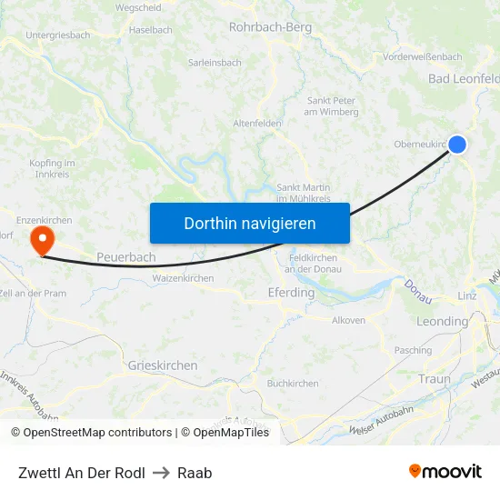 Zwettl An Der Rodl to Raab map