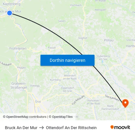 Bruck An Der Mur to Ottendorf An Der Rittschein map