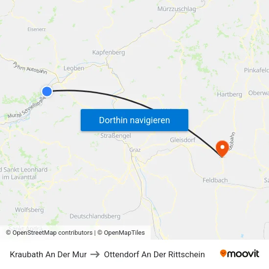 Kraubath An Der Mur to Ottendorf An Der Rittschein map