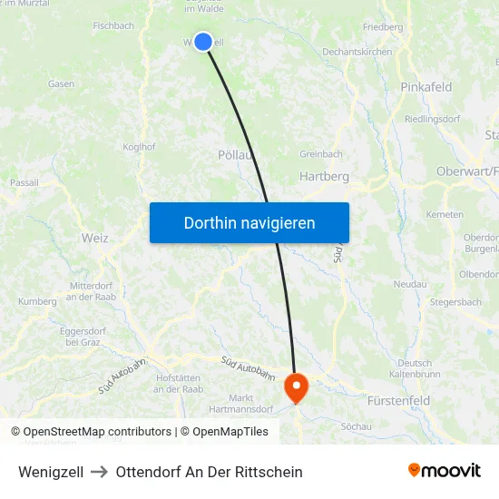 Wenigzell to Ottendorf An Der Rittschein map