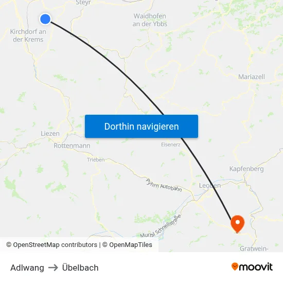 Adlwang to Übelbach map