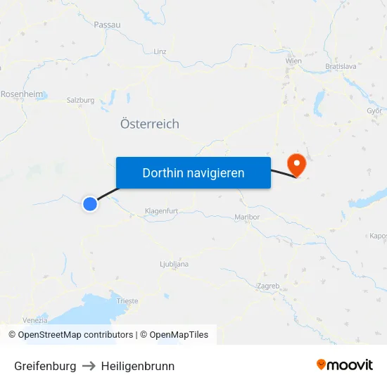 Greifenburg to Heiligenbrunn map