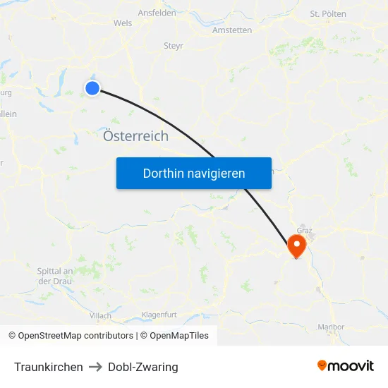 Traunkirchen to Dobl-Zwaring map