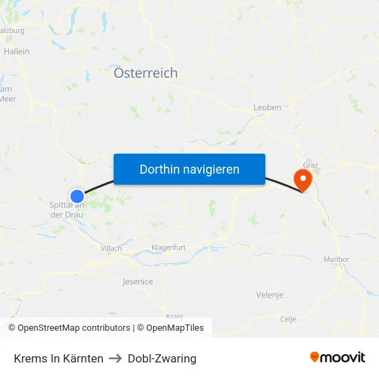 Krems In Kärnten to Dobl-Zwaring map