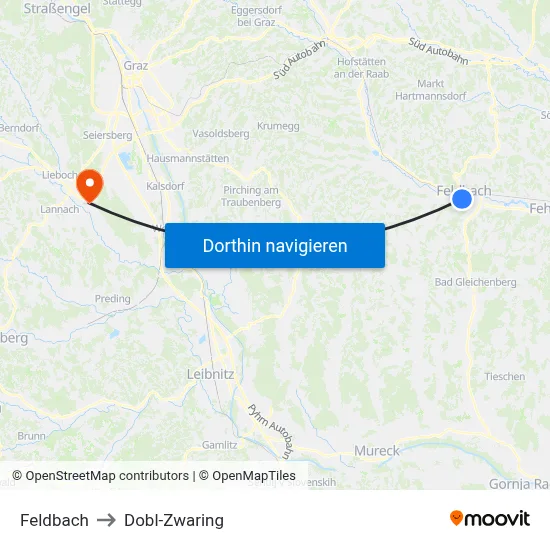 Feldbach to Dobl-Zwaring map