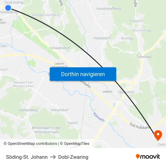 Söding-St. Johann to Dobl-Zwaring map