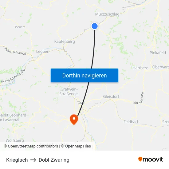 Krieglach to Dobl-Zwaring map