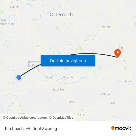 Kirchbach to Dobl-Zwaring map