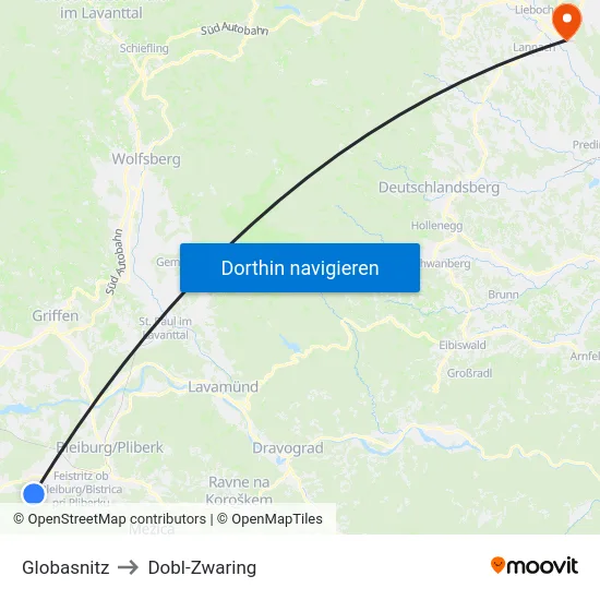 Globasnitz to Dobl-Zwaring map