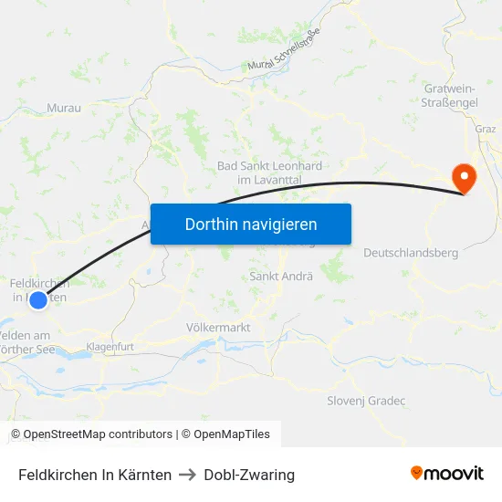 Feldkirchen In Kärnten to Dobl-Zwaring map