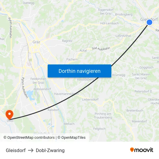Gleisdorf to Dobl-Zwaring map