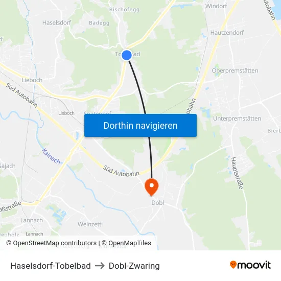 Haselsdorf-Tobelbad to Dobl-Zwaring map
