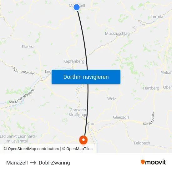 Mariazell to Dobl-Zwaring map
