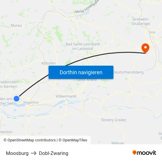 Moosburg to Dobl-Zwaring map