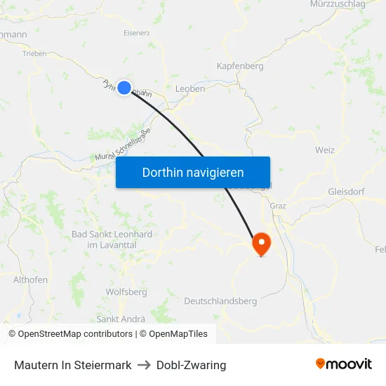 Mautern In Steiermark to Dobl-Zwaring map