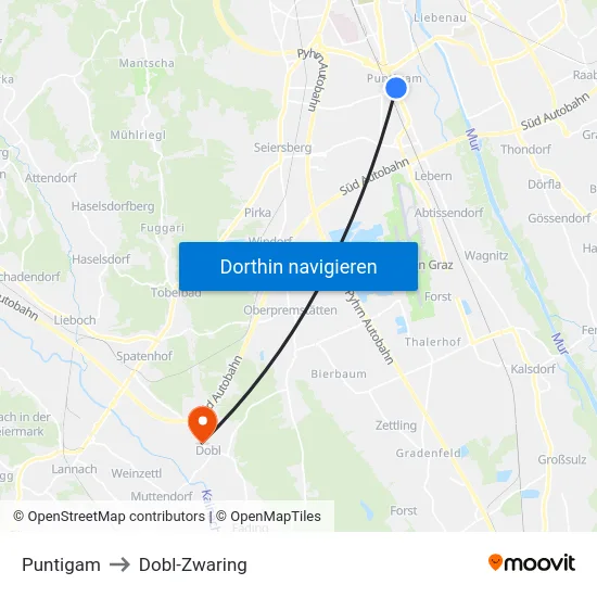 Puntigam to Dobl-Zwaring map