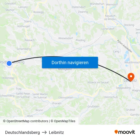 Deutschlandsberg to Leibnitz map