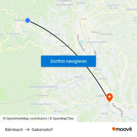 Bärnbach to Gabersdorf map