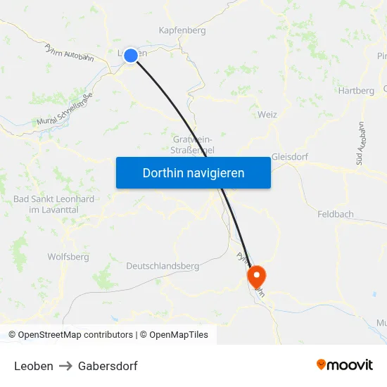 Leoben to Gabersdorf map
