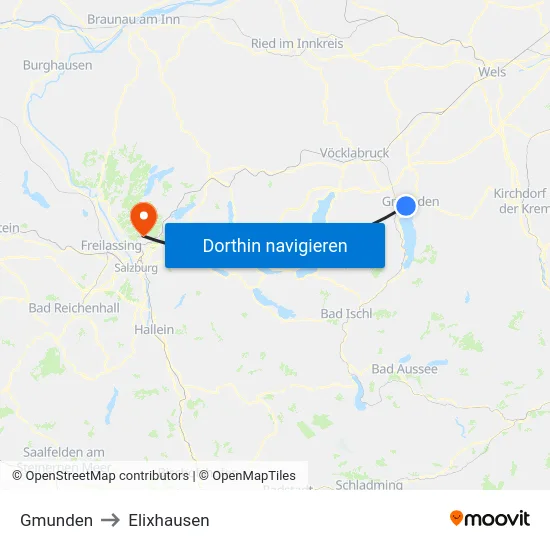 Gmunden to Elixhausen map