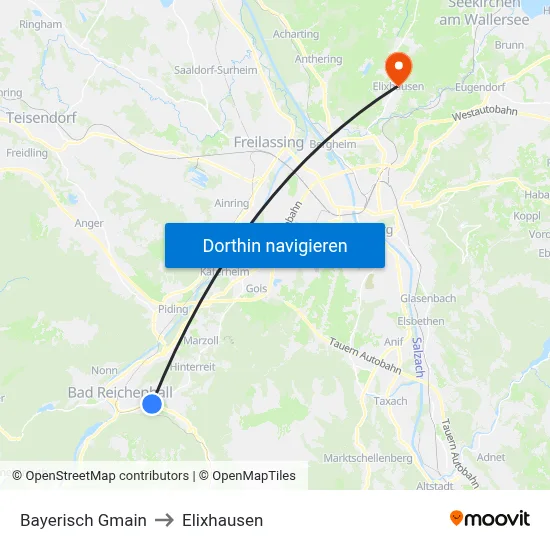 Bayerisch Gmain to Elixhausen map