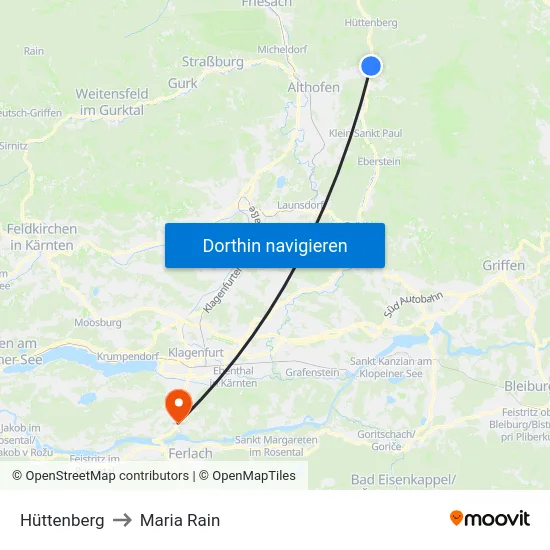 Hüttenberg to Maria Rain map