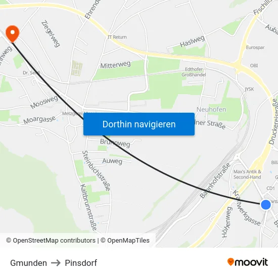 Gmunden to Pinsdorf map