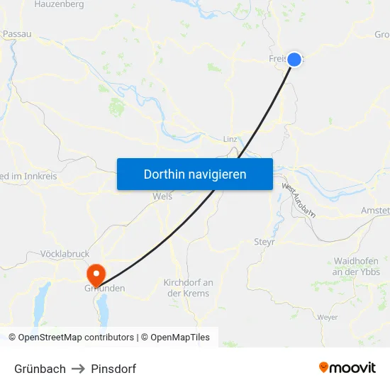 Grünbach to Pinsdorf map