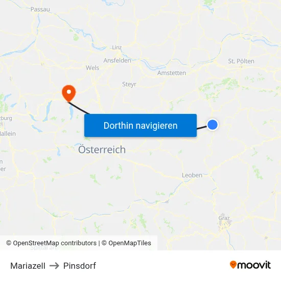 Mariazell to Pinsdorf map