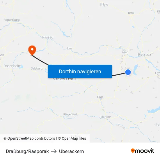 Draßburg/Rasporak to Überackern map