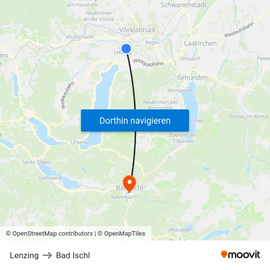 Lenzing to Bad Ischl map