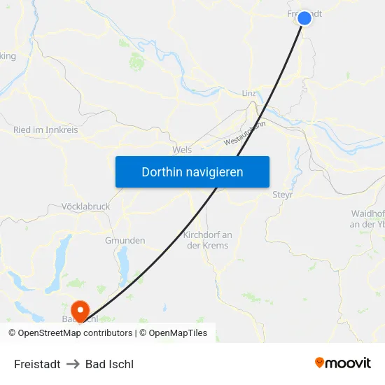 Freistadt to Bad Ischl map