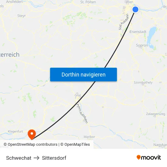Schwechat to Sittersdorf map