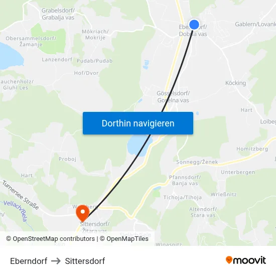 Eberndorf to Sittersdorf map