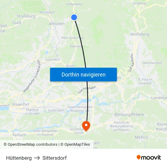 Hüttenberg to Sittersdorf map